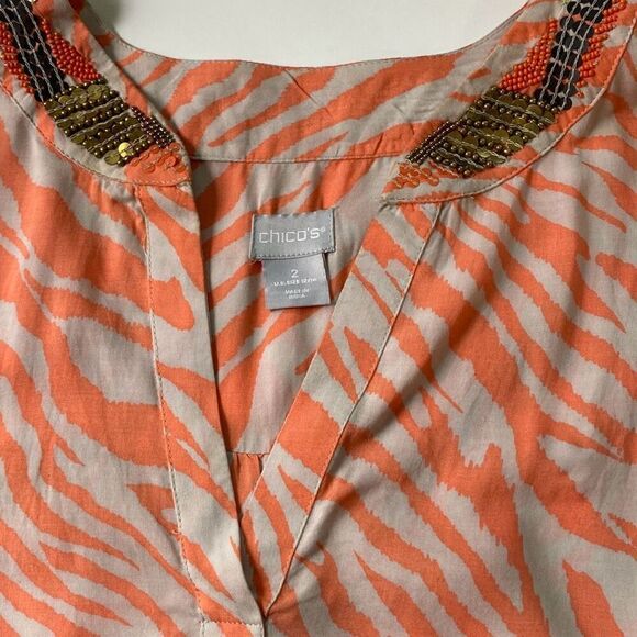 Chicos Pink zebra stripe beaded neck & Sleeve tunic top shirt 2 L - Picture 7 of 11